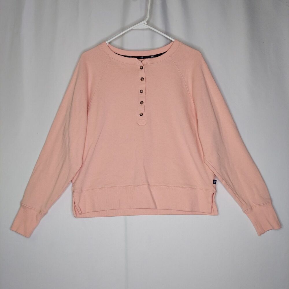 Gap Fleece‎ Henley Sweatshirt Womens Medium Coral Fleece Half Button Round Neck